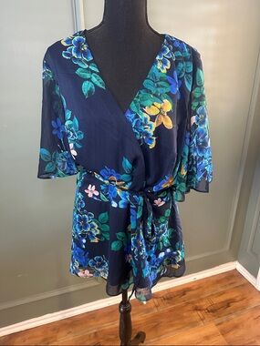 City Chic Navy Floral Wrap Blouse with Blue, Green & Yellow Accents